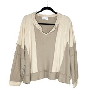 Patchwork Raw Edge Boho Oversized Waffle Knit 100% Cotton Top size Medium